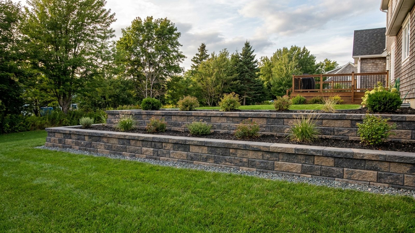 A segmental block retaining wall with a tiered garden bed on a residential property in Halifax