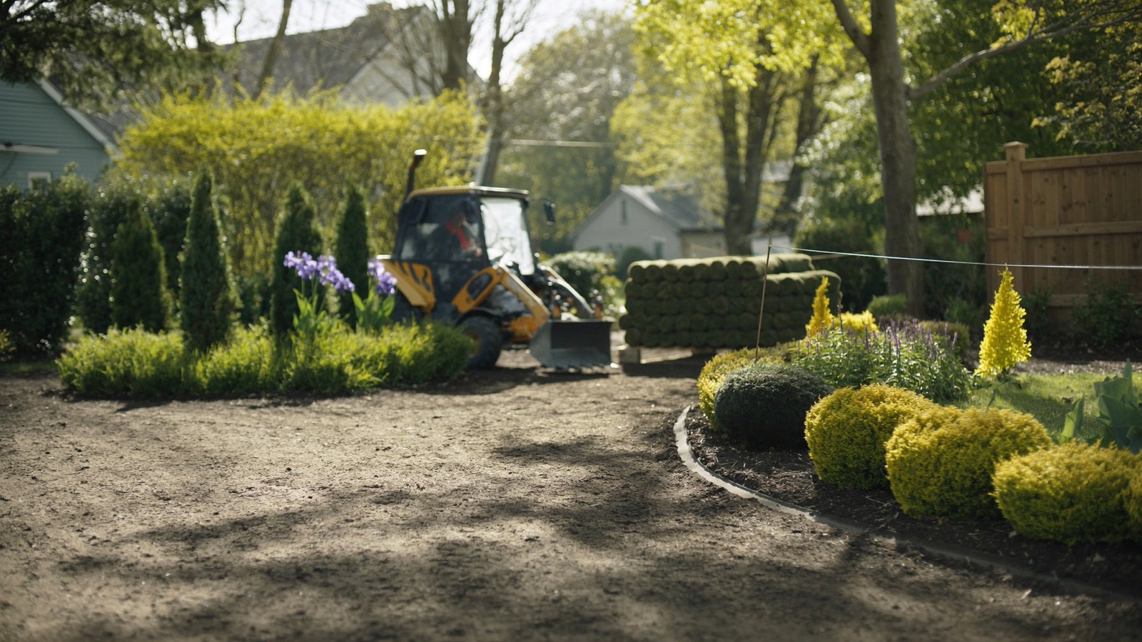 Mini skid steer grading topsoil for a sod installation in a Halifax backyard